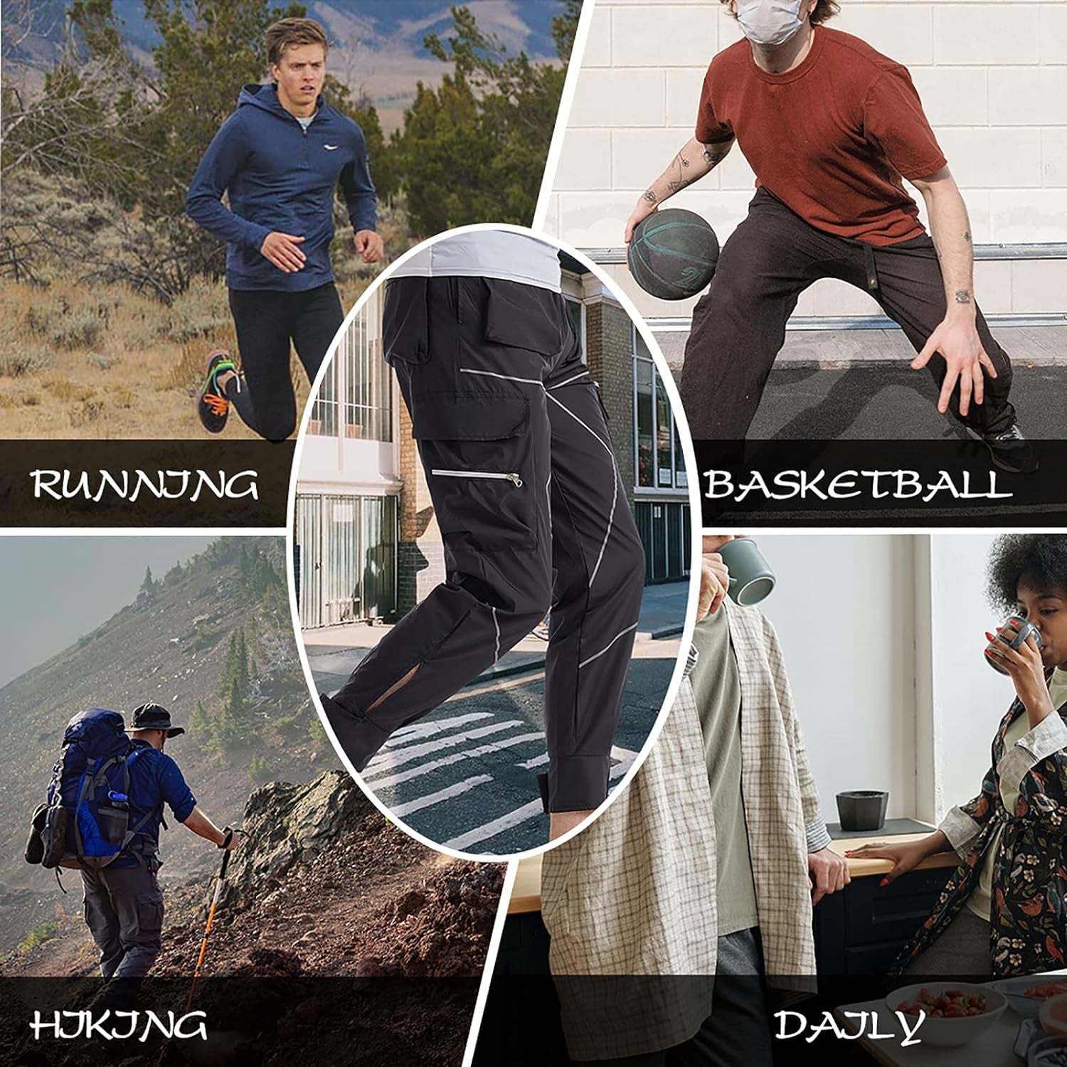 Joggers for Men Outdoor Hiking Pants Quick Dry Waterproof Running Track Pants with Zipper Pockets Black