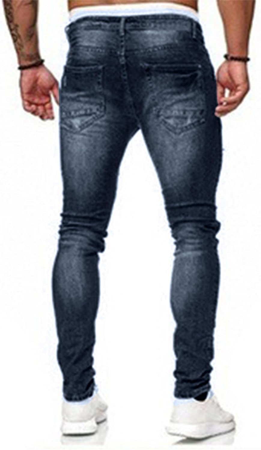 Men'S Blue Slim Fit Jeans Stretch Destroyed Ripped Skinny Jeans Side Striped Denim Pants