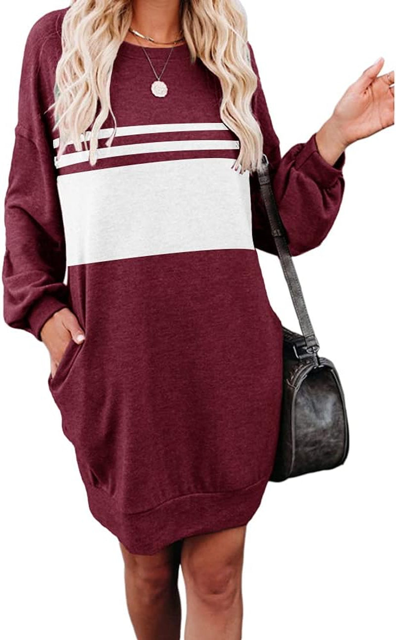 Women'S Sweatshirt Dress Casual Striped Long Sleeve Dress with Pockets