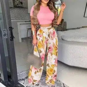 Two Piece Set- Elegant Print Short Sleeve Shirt Pullover + Wide Leg Pants Suits