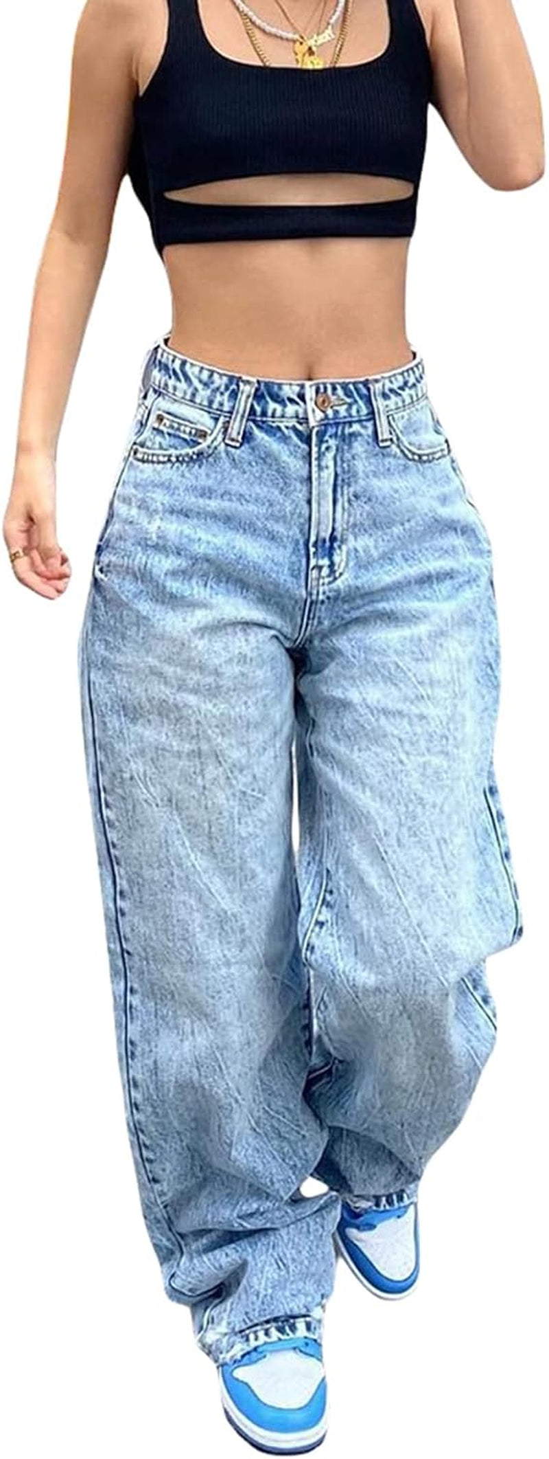 Women's Denim High Waist Straight Leg Baggy Pants 