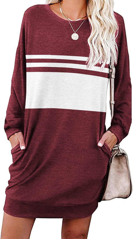 Women'S Sweatshirt Dress Casual Striped Long Sleeve Dress with Pockets