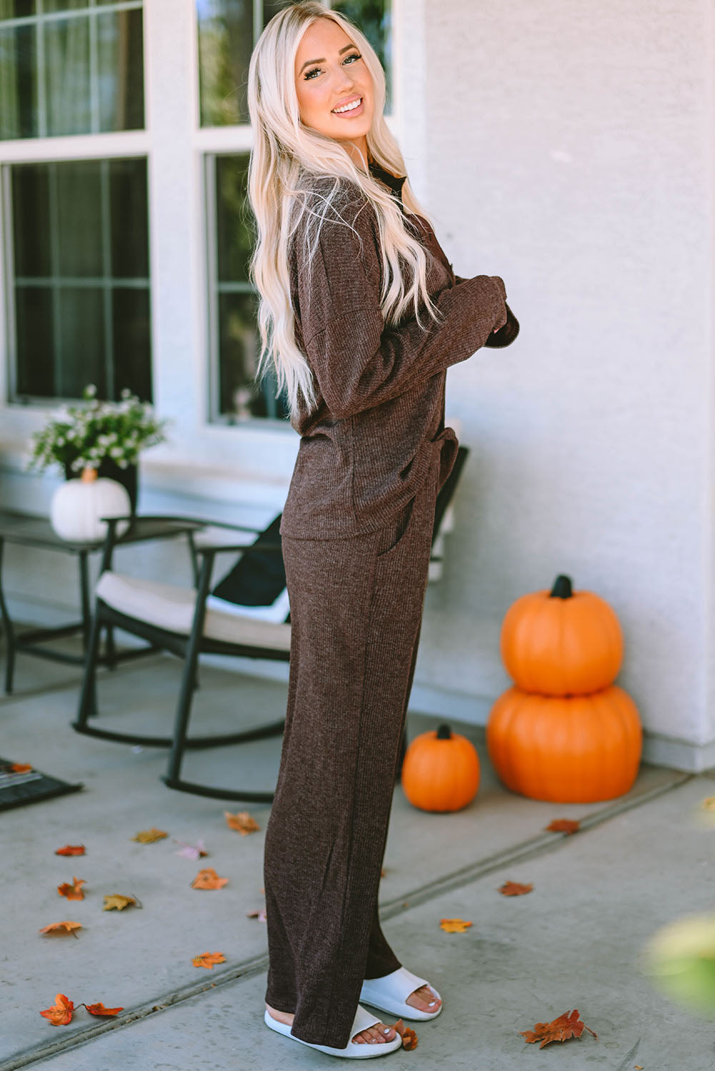 Brooke Ribbed Knit Collared Henley Top and Pants Lounge Outfit