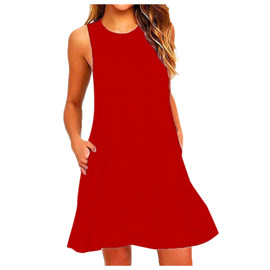 Fesfesfes Summer Dresses for Women round Neck Casual Mini Dress Solid Color Sleeveless Tank Dress Loose above Knee Sun Dress Summer Saving Sale