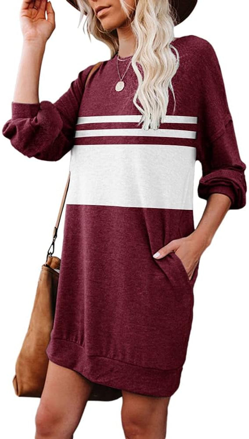 Women'S Sweatshirt Dress Casual Striped Long Sleeve Dress with Pockets