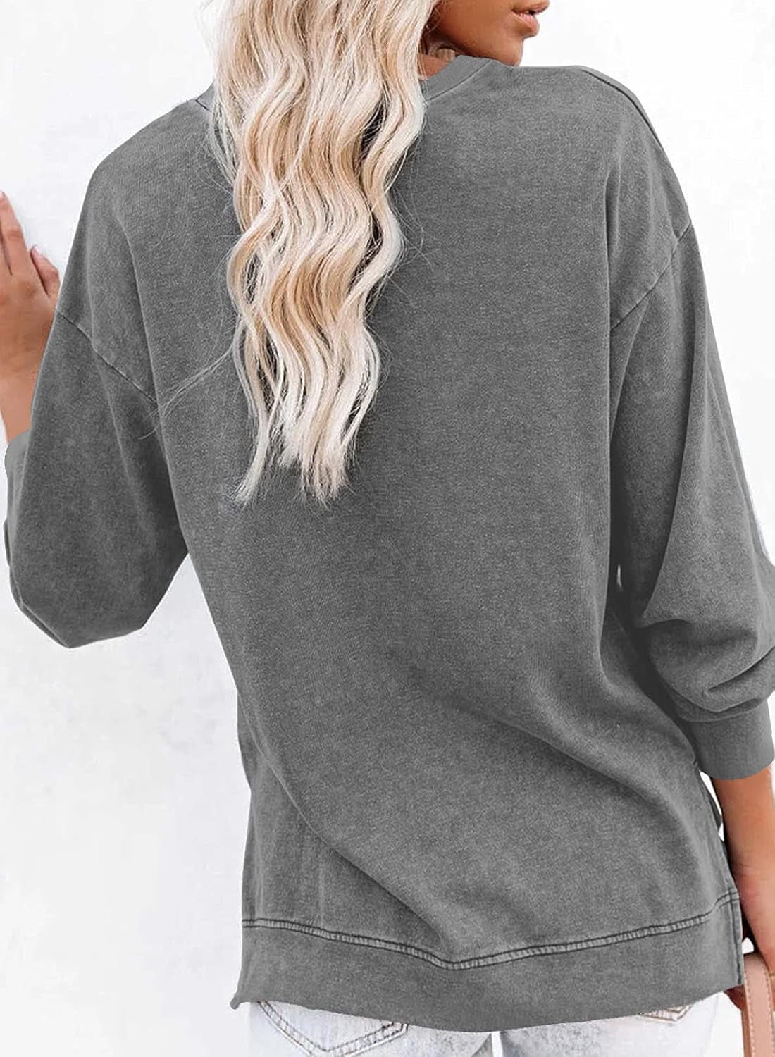 Womens Casual Long Sleeve Crewneck Sweatshirt Solid Color Patchwork Loose Pullover Relaxed Fit Tops Side Split 2024 Fall Fashion Gray Medium