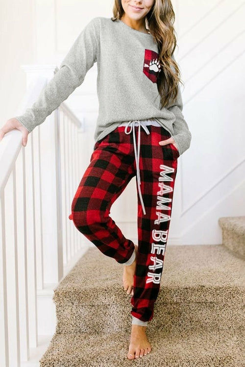 Letter Print Pocket Plaid Pajama Set