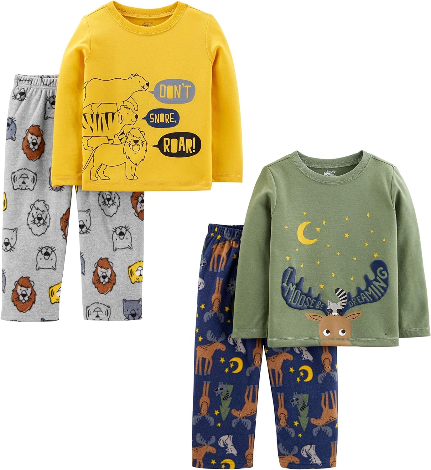 Boys and Toddlers' 4-Piece Pajama Set (Cotton Top & Fleece Bottom)