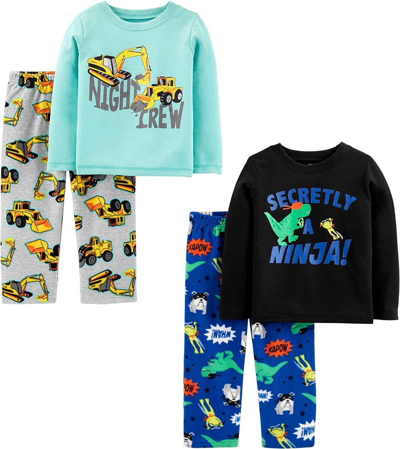 Boys and Toddlers' 4-Piece Pajama Set (Cotton Top & Fleece Bottom)