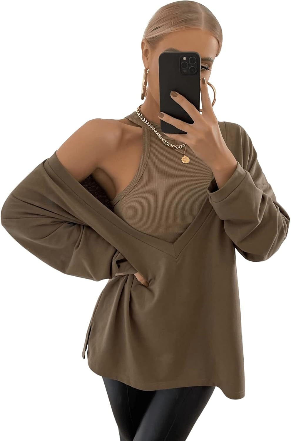 Women'S Sweatshirt Deep V Neck Drop Shoulder Oversized Pullover Top Mocha Brown S