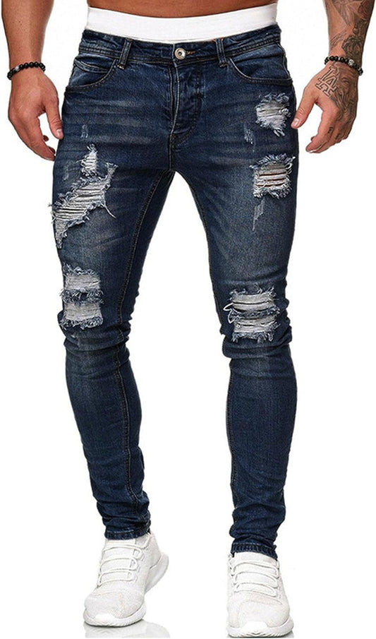 Men'S Blue Slim Fit Jeans Stretch Destroyed Ripped Skinny Jeans Side Striped Denim Pants