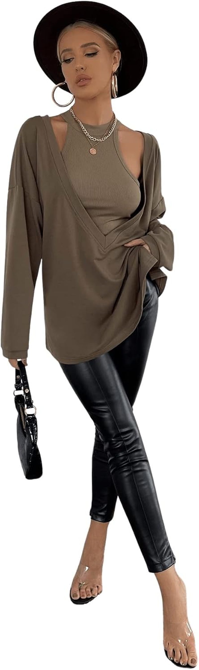 Women'S Sweatshirt Deep V Neck Drop Shoulder Oversized Pullover Top Mocha Brown S