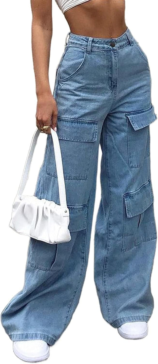 Women's Denim High Waist Straight Leg Baggy Pants 