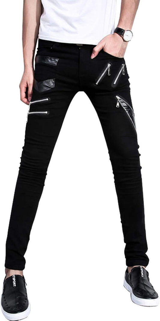 Rock Punk Men'S Patch PU Leather Hip Hop Skinny Biker Pants