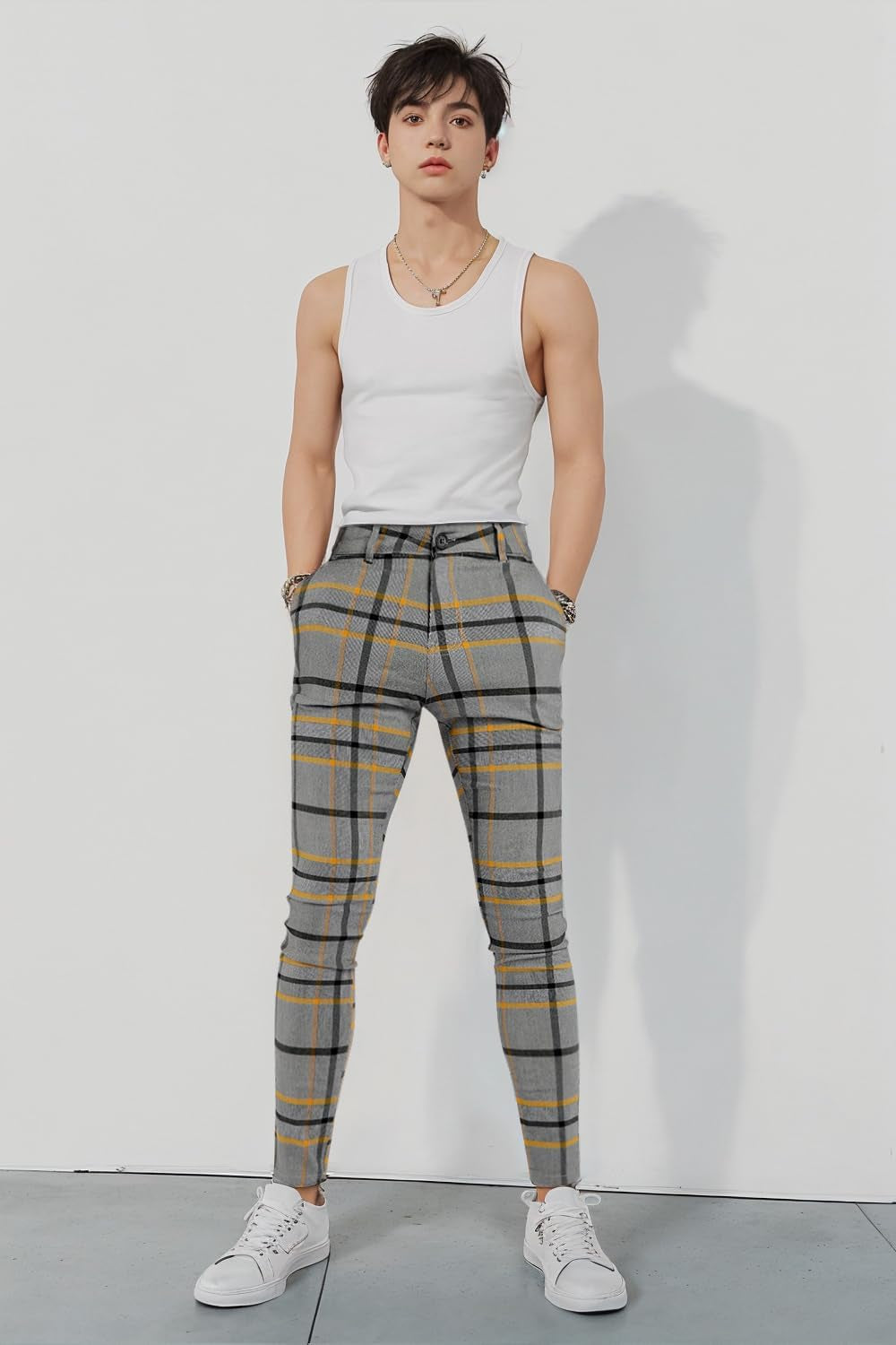 Mens Plaid Dress Pants Stretch Chino Pants Men Slim Fit