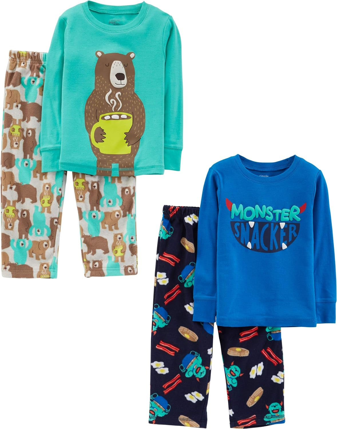 Boys and Toddlers' 4-Piece Pajama Set (Cotton Top & Fleece Bottom)