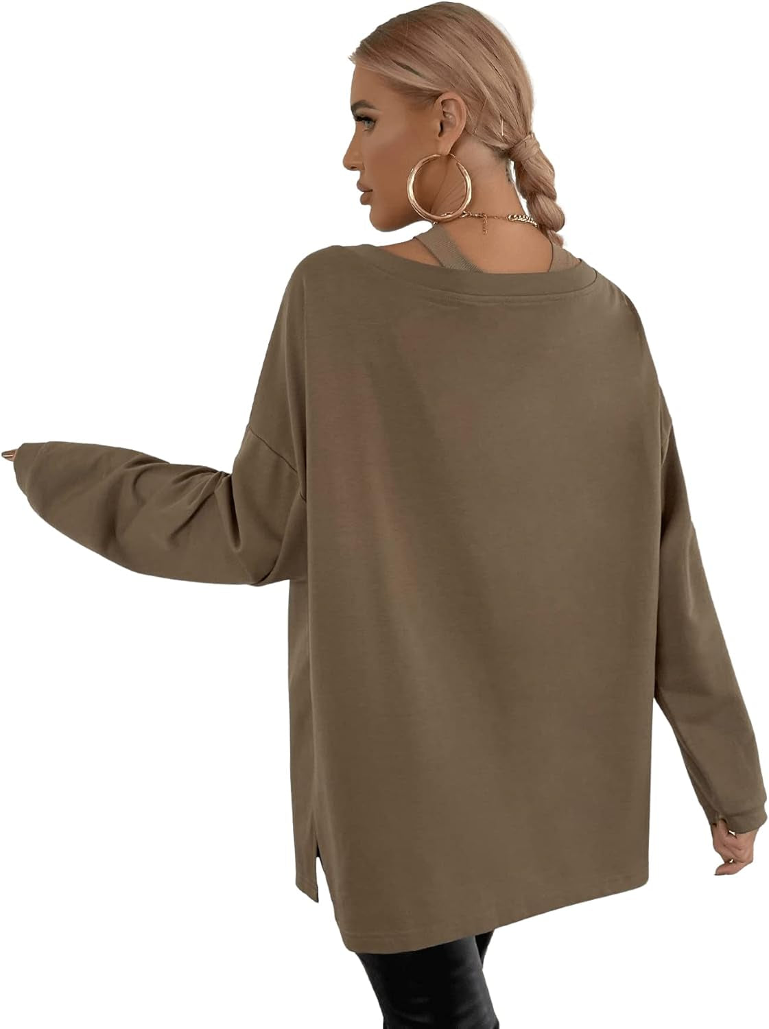 Women'S Sweatshirt Deep V Neck Drop Shoulder Oversized Pullover Top Mocha Brown S