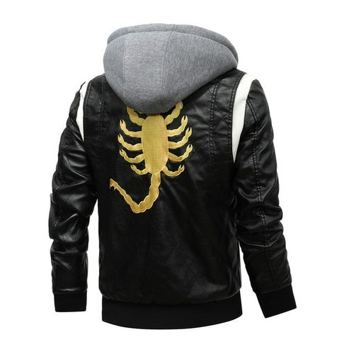 Autumn Winter Bomber Leather Jacket Men Scorpion Embroidery Hooded