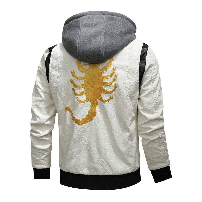 Autumn Winter Bomber Leather Jacket Men Scorpion Embroidery Hooded