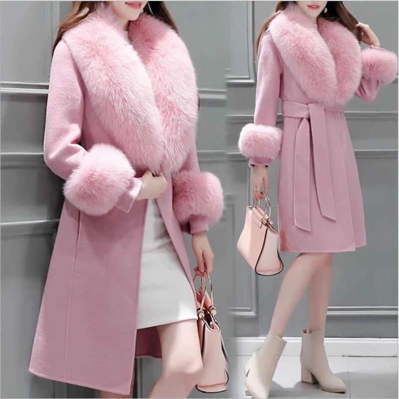 Autumn Winter New Women's Slim Trench Woolen Coat  OL Mid-Length Faux