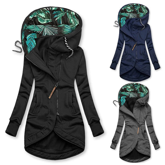 Solid Stitching Drawstring Hooded Overcoat Women'S Slim Fashion