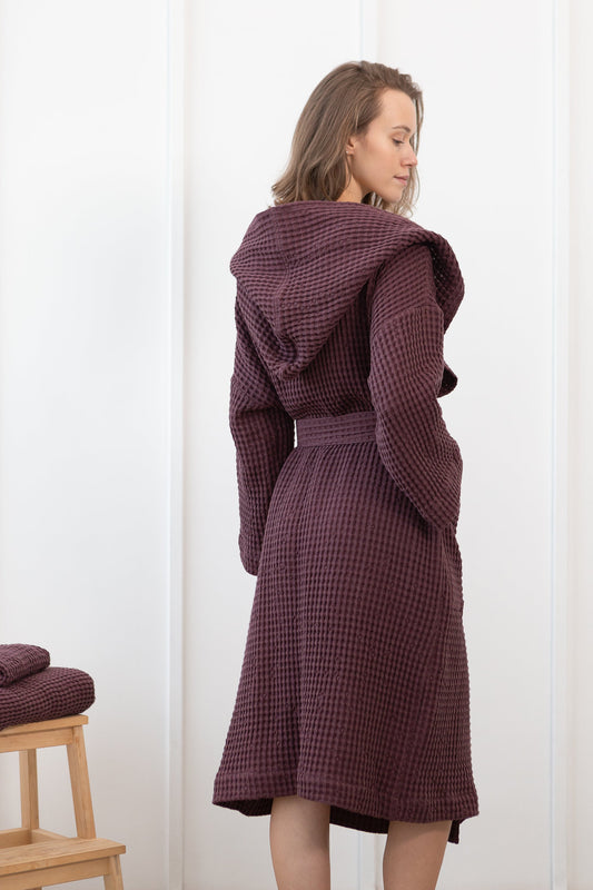 Plum Linen Waffle Robe With Hoodie