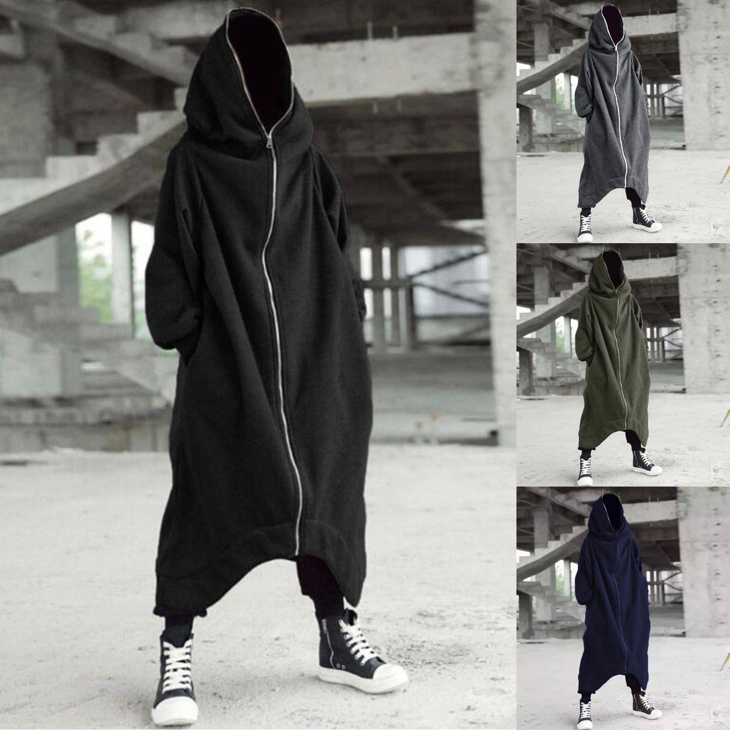 Men's Zipper Long Hooded Solid Color Personality Dark Style Full Body