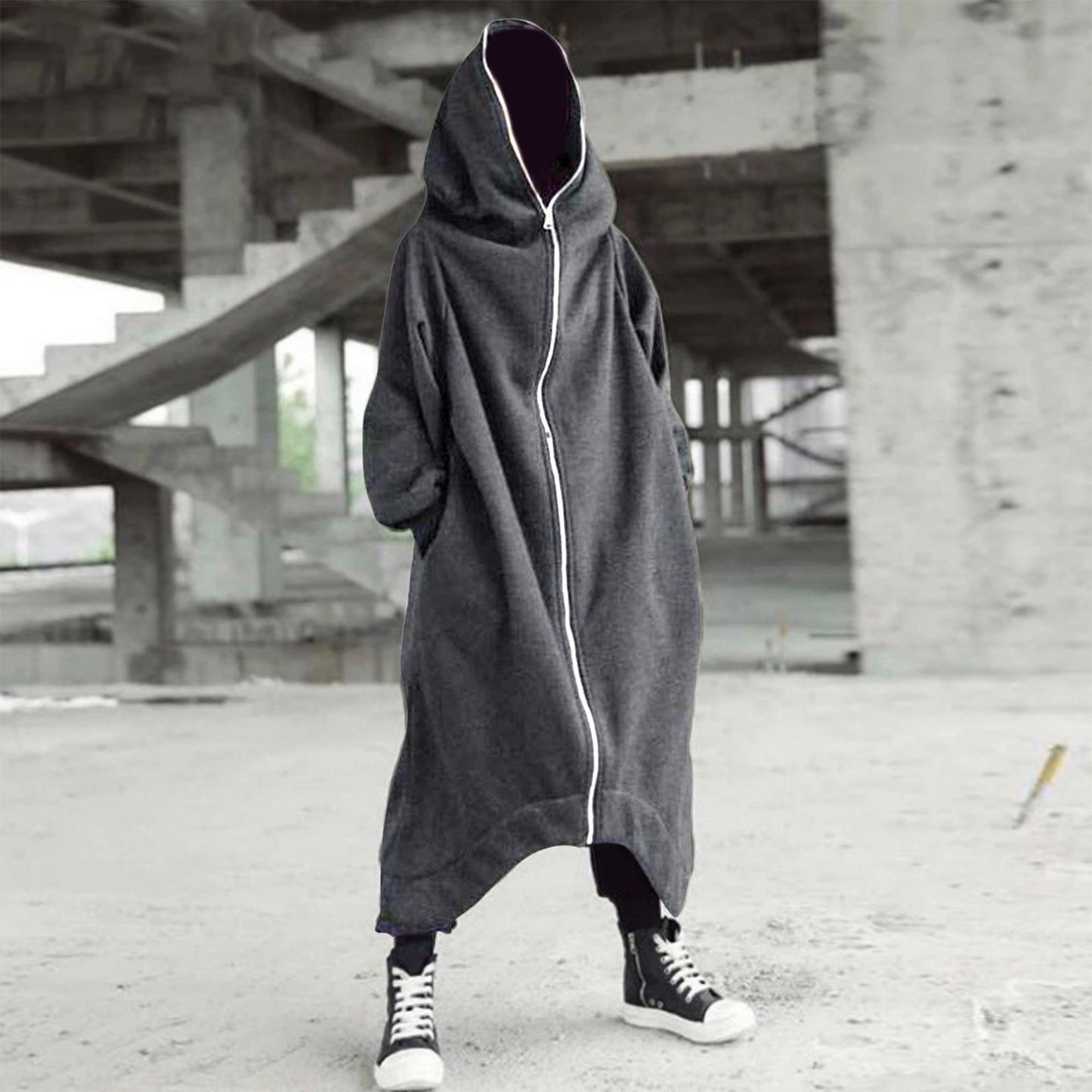 Men's Zipper Long Hooded Solid Color Personality Dark Style Full Body