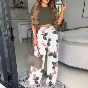 Two Piece Set Elegant Print Short Sleeve Shirt Pullover + Wide Leg Pants Suits