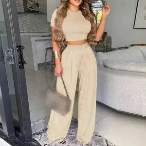 Two Piece Sets Elegant Print Short Sleeve Shirt Pullover + Wide Leg Pants Suits