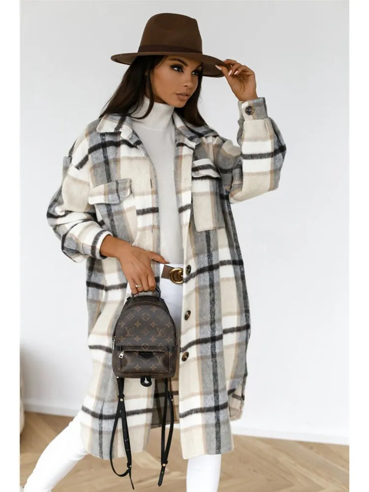 Women Plaid Printed Warm Jacket 2021 Autumn Winter New Fashion Casual