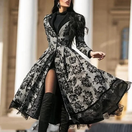 Ladies Autumn and Winter Lace Vintage Dress Coat