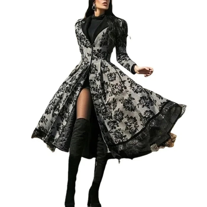 Ladies Autumn and Winter Lace Vintage Dress Coat