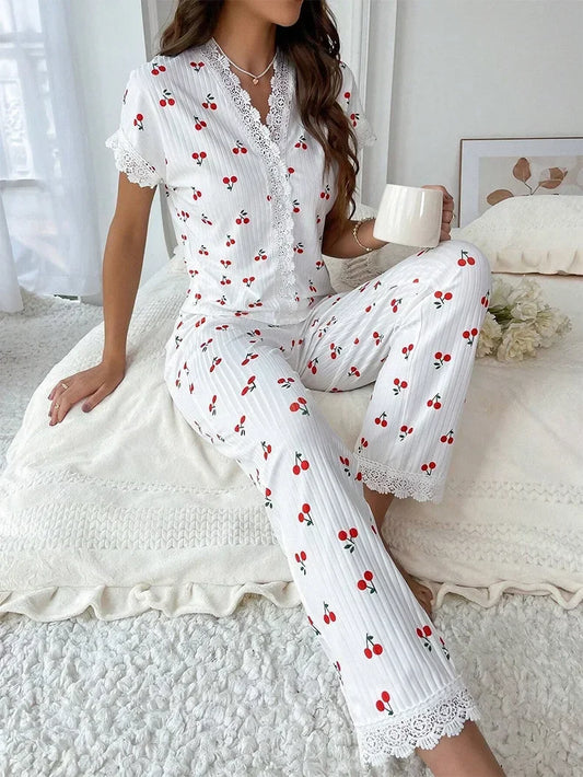 Lace Trim Women Pajama Set Short Sleeve