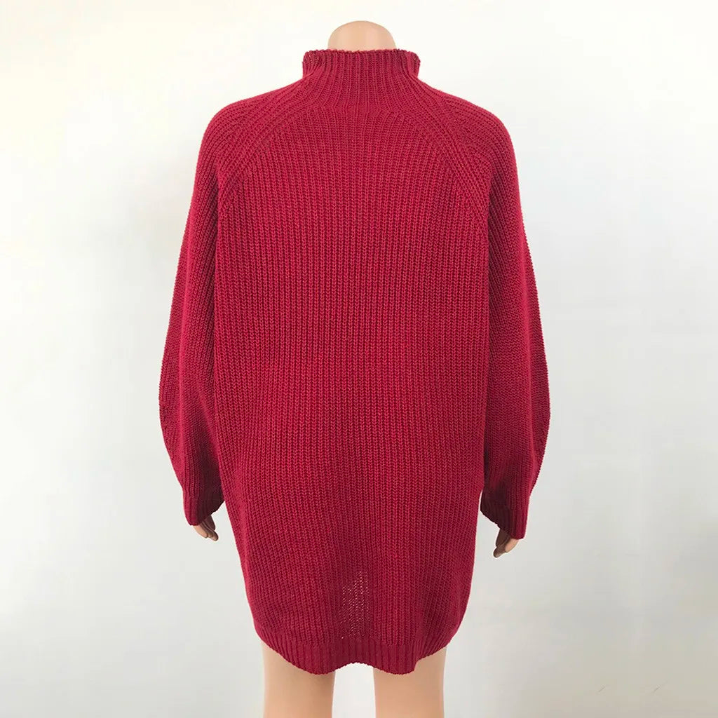 Women's Autumn Winter Fashion High Neck Knitted Sweater Dress Female