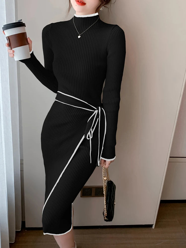 Women Knitted Dress New Autumn Winter Slim Lace-Up Long Sleeve