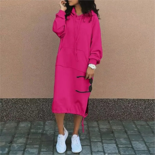 Autumn Solid Long Sweatshirt Dress For Women O Neck