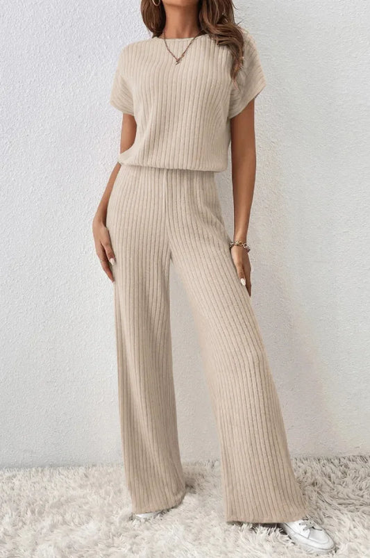 Simple Style Rib Knit Long Pants Suit Women Casual Short Sleeve