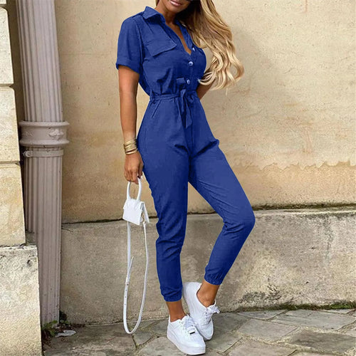 Women's Short Sleeve Belted Jumpsuit