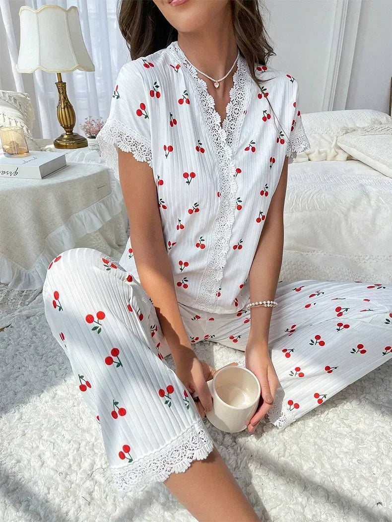 Lace Trim Women Pajama Set Short Sleeve