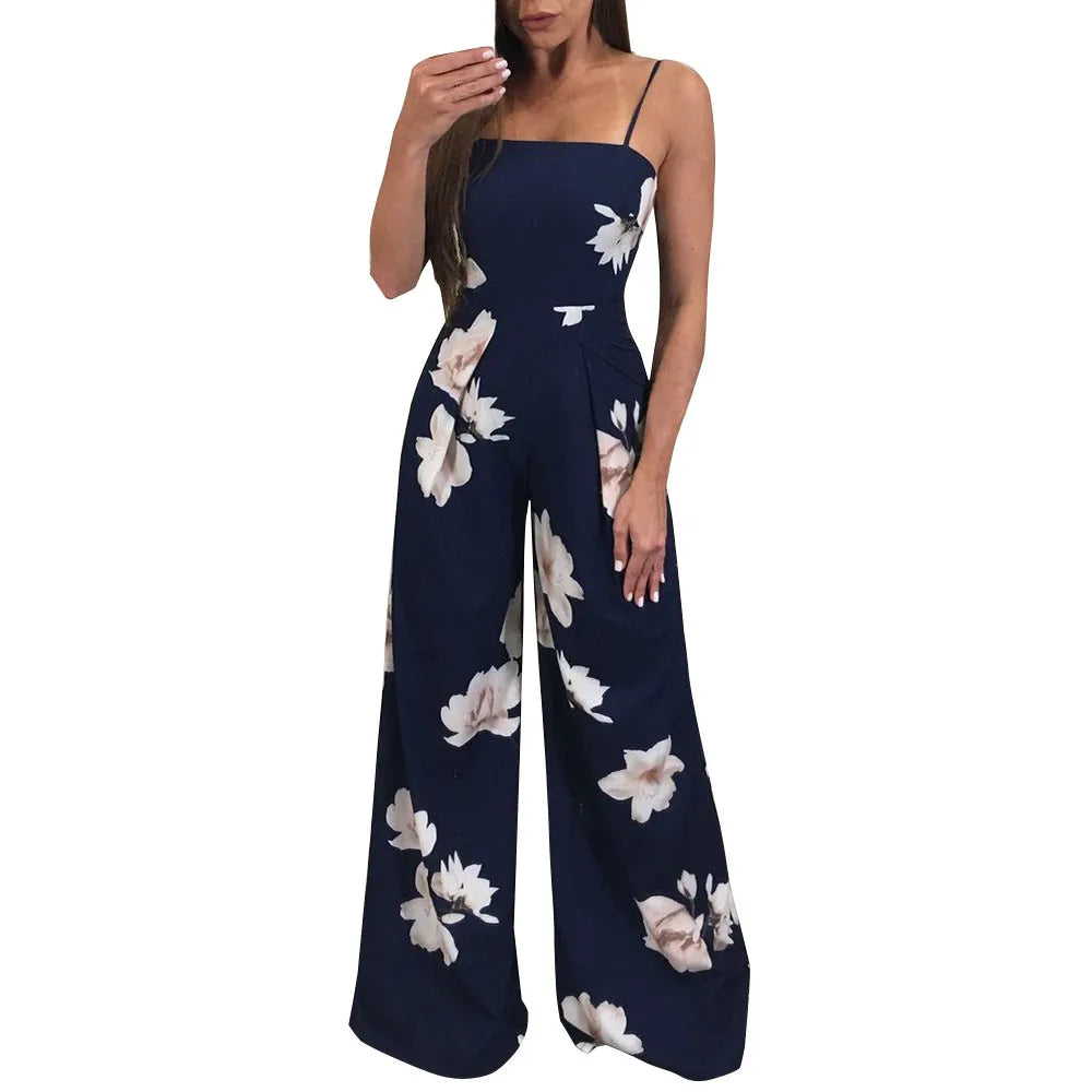 Women's Floral Printed Jumpsuit-Adjustable Shoulder Strap- Medium