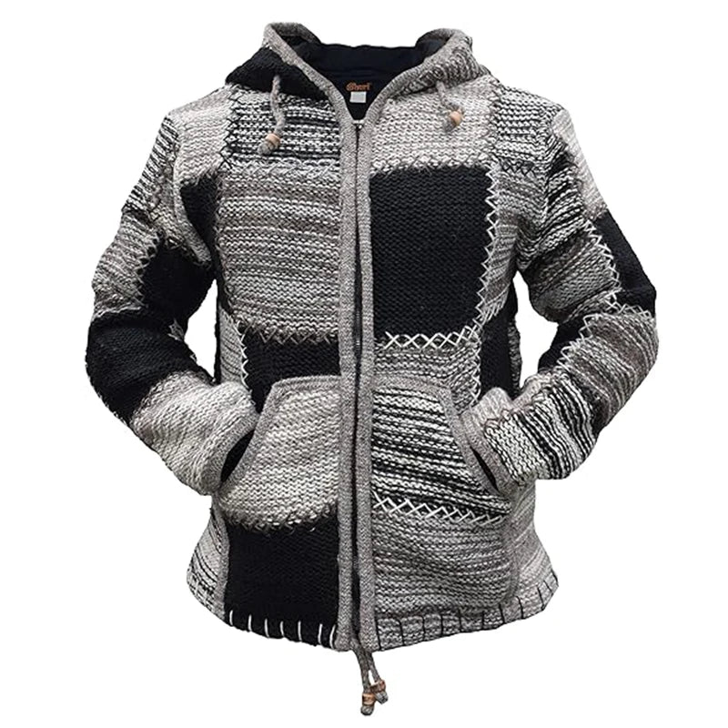 Mens Sweater Hoodie- Vintage Zipper Long Sleeve Patchwork Jacket