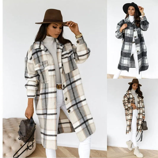 Women Plaid Printed Warm Jacket 2021 Autumn Winter New Fashion Casual