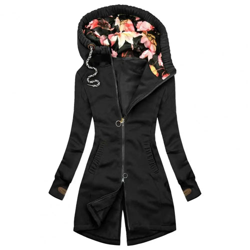 Women Hooded Coat Floral Print Patchwork Autumn Winter Drawstring