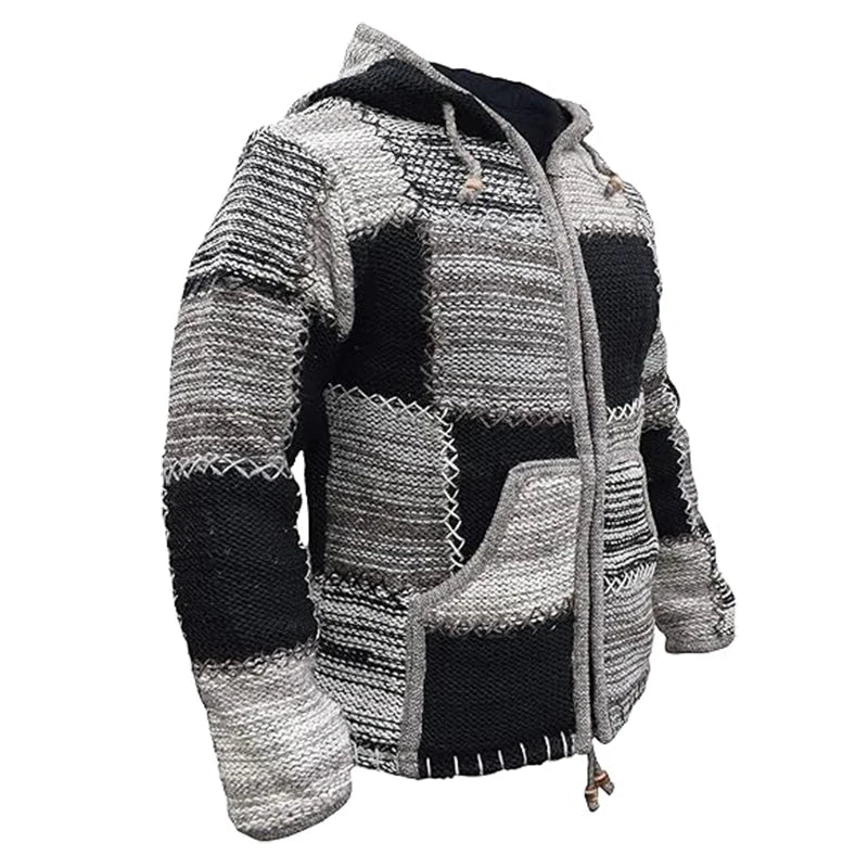 Mens Sweater Hoodie- Vintage Zipper Long Sleeve Patchwork Jacket