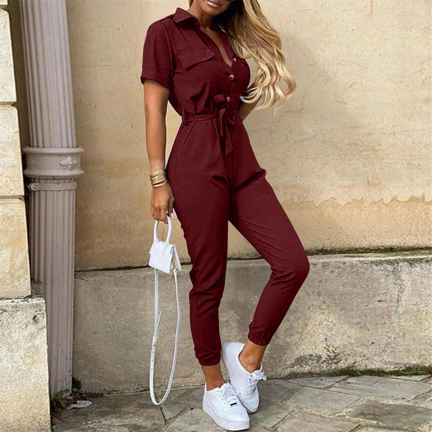 Women's Short Sleeve Belted Jumpsuit