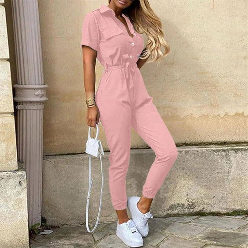 Women's Short Sleeve Belted Jumpsuit