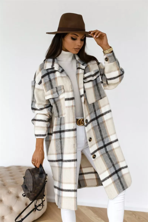 Women Plaid Printed Warm Jacket 2021 Autumn Winter New Fashion Casual