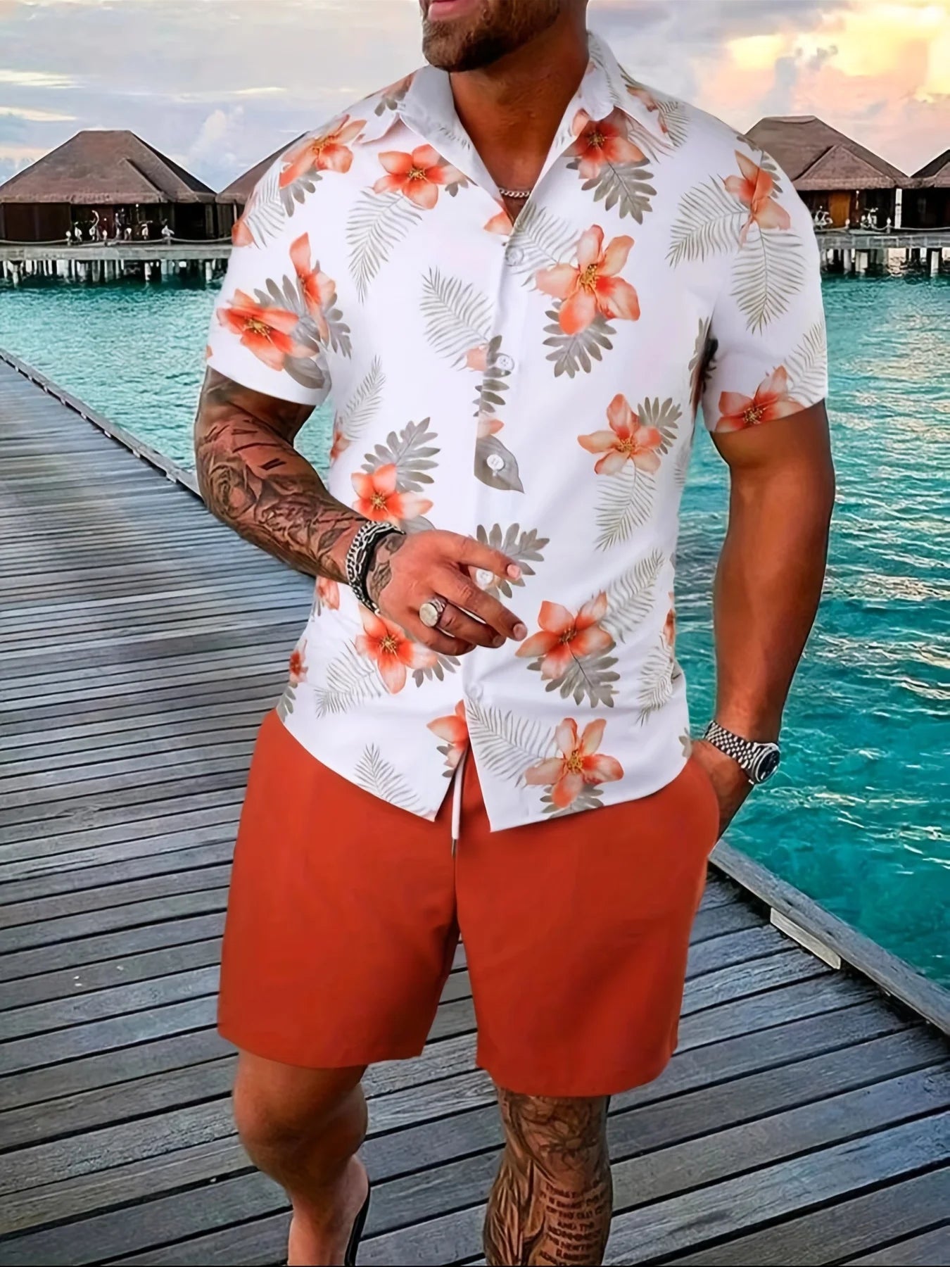 Men's Two-piece Beach-Style Button Up Short-Sleeved Shirt and Shorts