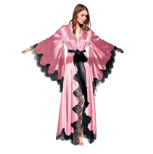 Women's Kimono Pajama-Long Black Silk Satin Lace